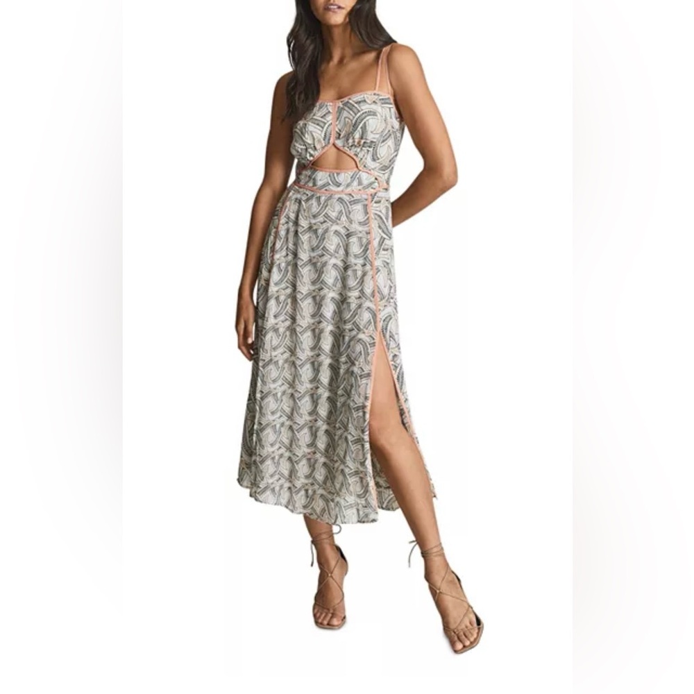 Reiss Natalie Open Back Cream and Black Printed Midi Dress with Peach Trim